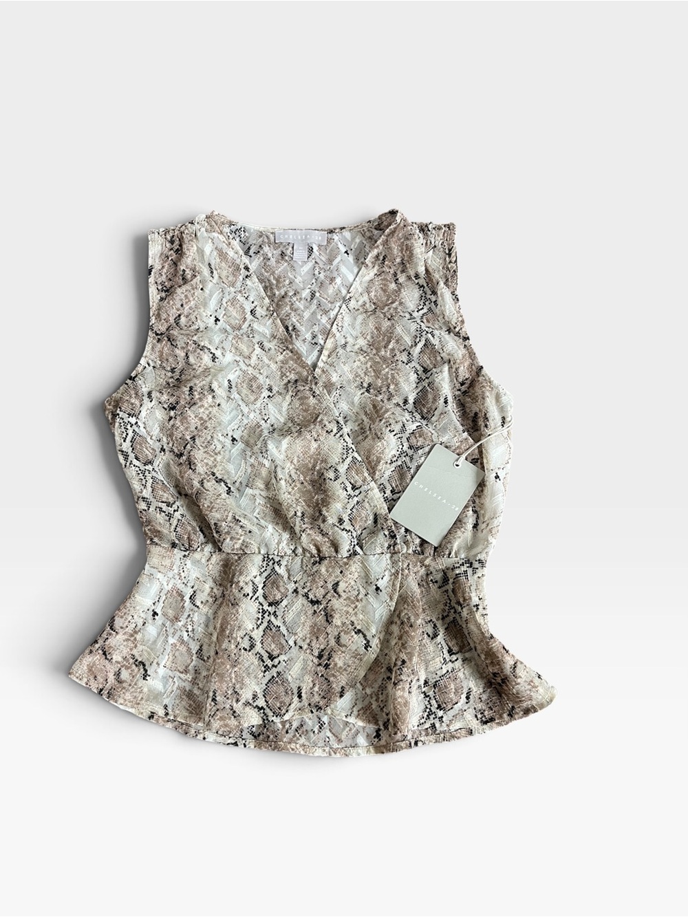 Brand New-Chelsea28 Sheer Snakeskin Faux-Wrap Peplum Top